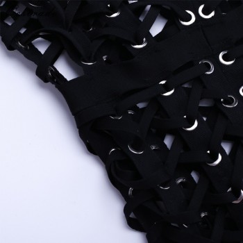 Black Bodycon Dress for Women New Sexy Fashion Metal Pieces Lattice Cross Over Vestidos Bandange Dress Long Sleeve